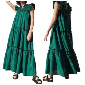 Inclan Studios Collins Maxi Dress Forest Green Cotton Silk NWT